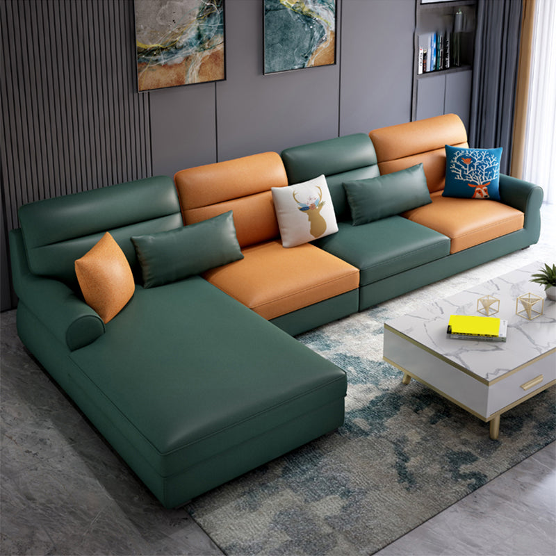 Recessed Arm Sofa and Chaise L-Shape Pillow Back Cushion Sectional Faux Leather Dark Green Clearhalo 'furn' 'furn_sectionals' 'Furniture' 'furniture_sectionals' 'Living Room Furniture' 'Sectionals' 4919107