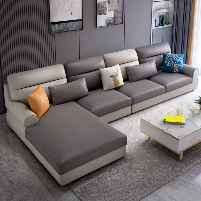 Recessed Arm Sofa and Chaise L-Shape Pillow Back Cushion Sectional Faux Leather Dark Brown Clearhalo 'furn' 'furn_sectionals' 'Furniture' 'furniture_sectionals' 'Living Room Furniture' 'Sectionals' 4919109