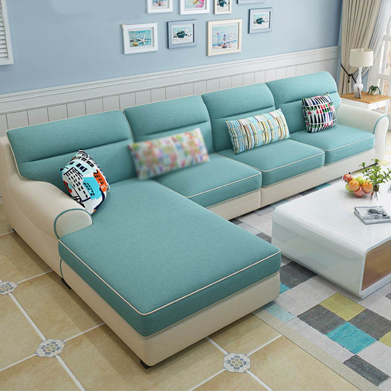 Recessed Arm Sofa and Chaise L-Shape Pillow Back Cushion Sectional Cotton Blend Lake Blue Clearhalo 'furn' 'furn_sectionals' 'Furniture' 'furniture_sectionals' 'Living Room Furniture' 'Sectionals' 4919110