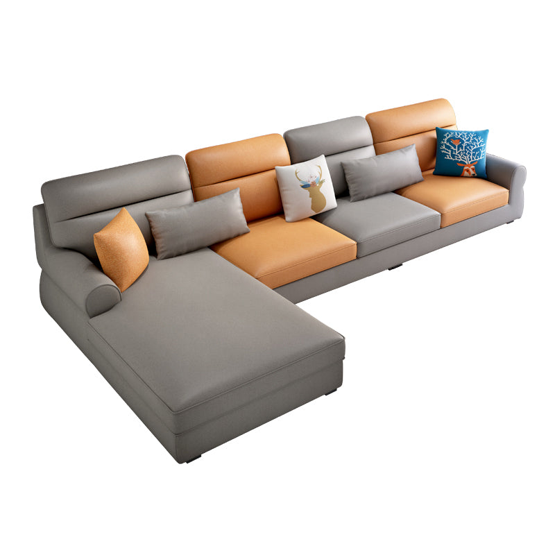 Recessed Arm Sofa and Chaise L-Shape Pillow Back Cushion Sectional Faux Leather Camel Clearhalo 'furn' 'furn_sectionals' 'Furniture' 'furniture_sectionals' 'Living Room Furniture' 'Sectionals' 4919111