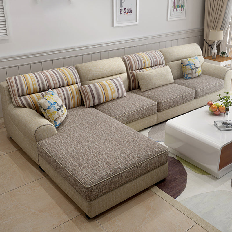 Recessed Arm Sofa and Chaise L-Shape Pillow Back Cushion Sectional Cotton Blend Coffee Clearhalo 'furn' 'furn_sectionals' 'Furniture' 'furniture_sectionals' 'Living Room Furniture' 'Sectionals' 4919115