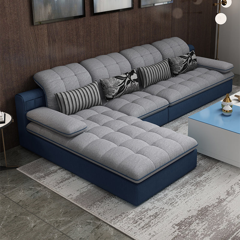 Farmhouse Pillow Top Arm Sectional Tufted Back Sofa and Chaise Cotton Blend Dark Blue Light Grey Clearhalo 'furn' 'furn_sectionals' 'Furniture' 'furniture_sectionals' 'Living Room Furniture' 'Sectionals' 4919159