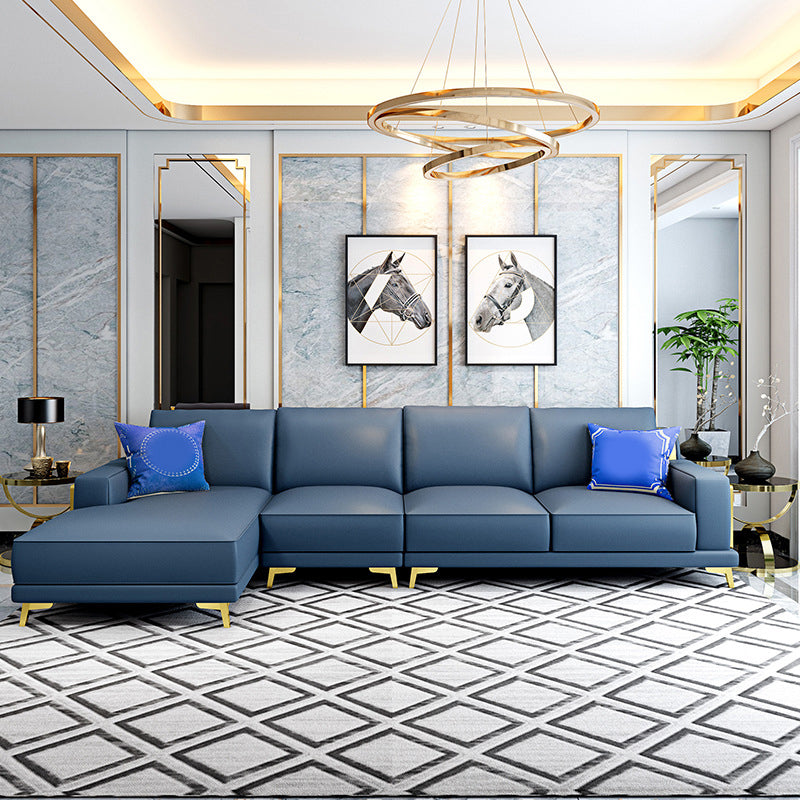 Modern Genuine Leather Sectional Square Arm Sofa with Removable Cushions 130"L x 67"W x 31"H Blue Left Clearhalo 'furn' 'furn_sectionals' 'Furniture' 'furniture_sectionals' 'Living Room Furniture' 'Sectionals' 4919182