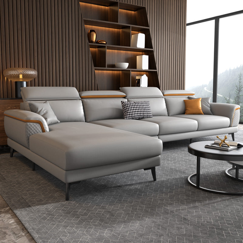 L-Shape Faux Leather Slipcovered Sofa Stain-Resistant Sectional and Chaise for 4 People Light Grey Clearhalo 'furn' 'furn_sectionals' 'Furniture' 'furniture_sectionals' 'Living Room Furniture' 'Sectionals' 4919241