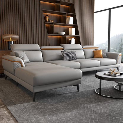 L-Shape Faux Leather Slipcovered Sofa Stain-Resistant Sectional and Chaise for 4 People Light Grey Clearhalo 'furn' 'furn_sectionals' 'Furniture' 'furniture_sectionals' 'Living Room Furniture' 'Sectionals' 4919241