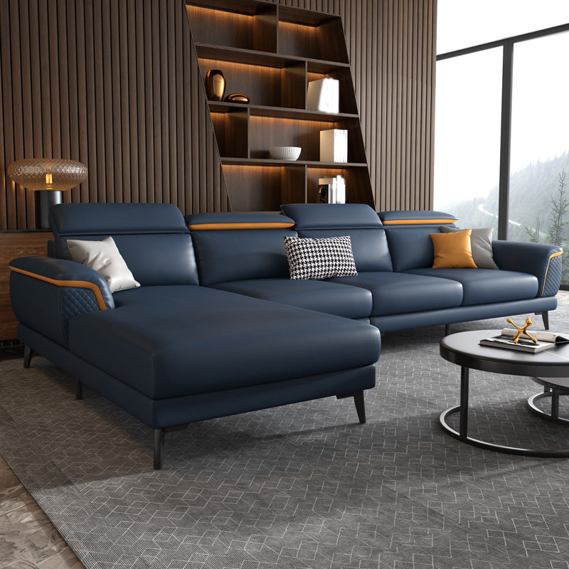 L-Shape Faux Leather Slipcovered Sofa Stain-Resistant Sectional and Chaise for 4 People Dark Blue Clearhalo 'furn' 'furn_sectionals' 'Furniture' 'furniture_sectionals' 'Living Room Furniture' 'Sectionals' 4919242