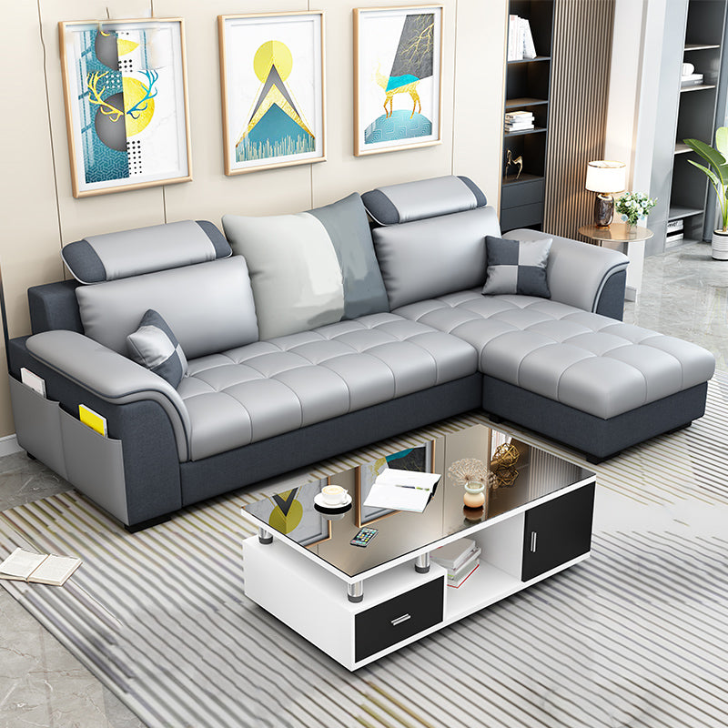 Modern Solid Wood Frame Sectional Linen/Faux Leather Sofa with Ottoman Inlcuded Faux Leather Light Grey Clearhalo 'furn' 'furn_sectionals' 'Furniture' 'furniture_sectionals' 'Living Room Furniture' 'Sectionals' 4919281