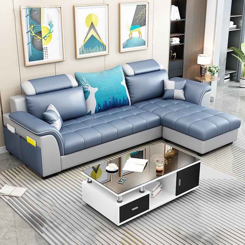 Modern Solid Wood Frame Sectional Linen/Faux Leather Sofa with Ottoman Inlcuded Faux Leather Light Blue Clearhalo 'furn' 'furn_sectionals' 'Furniture' 'furniture_sectionals' 'Living Room Furniture' 'Sectionals' 4919283