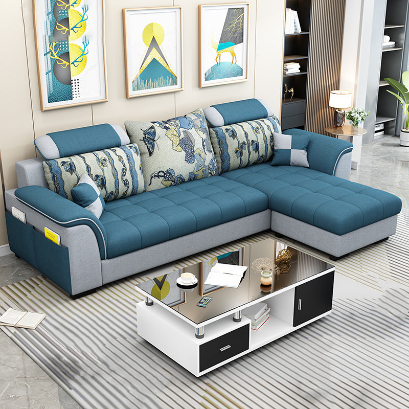 Modern Solid Wood Frame Sectional Linen/Faux Leather Sofa with Ottoman Inlcuded Linen Dark Blue Clearhalo 'furn' 'furn_sectionals' 'Furniture' 'furniture_sectionals' 'Living Room Furniture' 'Sectionals' 4919284