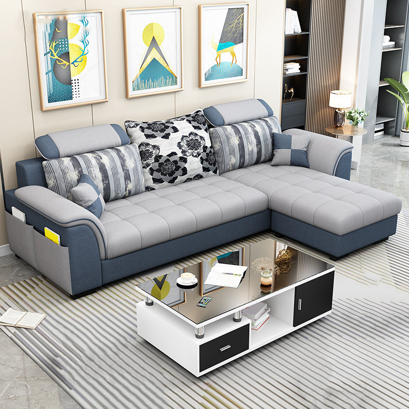 Modern Solid Wood Frame Sectional Linen/Faux Leather Sofa with Ottoman Inlcuded Linen Light Grey Clearhalo 'furn' 'furn_sectionals' 'Furniture' 'furniture_sectionals' 'Living Room Furniture' 'Sectionals' 4919286