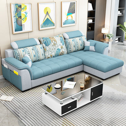 Modern Solid Wood Frame Sectional Linen/Faux Leather Sofa with Ottoman Inlcuded Linen Sky Blue Clearhalo 'furn' 'furn_sectionals' 'Furniture' 'furniture_sectionals' 'Living Room Furniture' 'Sectionals' 4919287