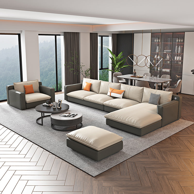 Modern Square Arm Sectionals 33.46"H Pillow Back Sofa and Chaise Clearhalo 'furn' 'furn_sectionals' 'Furniture' 'furniture_sectionals' 'Living Room Furniture' 'Sectionals' 4919345