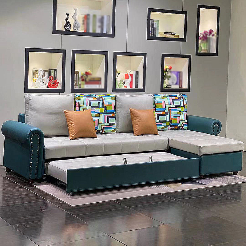 Rolled Arm Sectionals 116.14"L x 59.06"W x 38.58"H Cushion Back Sofa Bed with Storage Peacock Blue Clearhalo 'furn' 'furn_sectionals' 'Furniture' 'furniture_sectionals' 'Living Room Furniture' 'Sectionals' 4919407