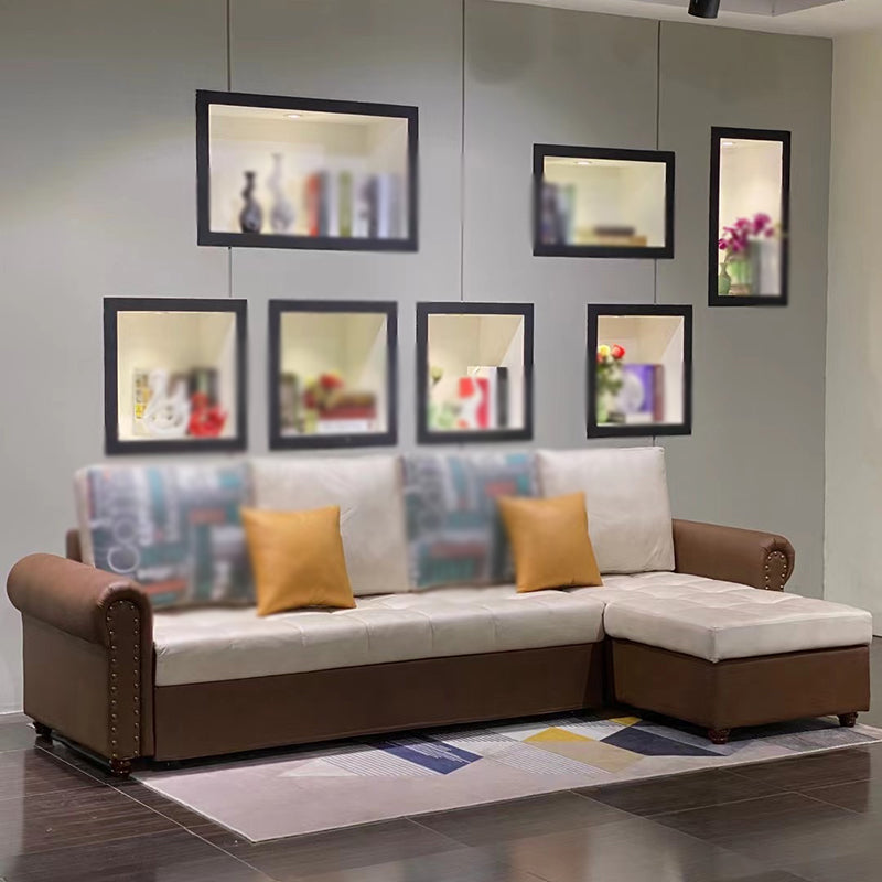 Rolled Arm Sectionals 116.14"L x 59.06"W x 38.58"H Cushion Back Sofa Bed with Storage White-Brown Clearhalo 'furn' 'furn_sectionals' 'Furniture' 'furniture_sectionals' 'Living Room Furniture' 'Sectionals' 4919411