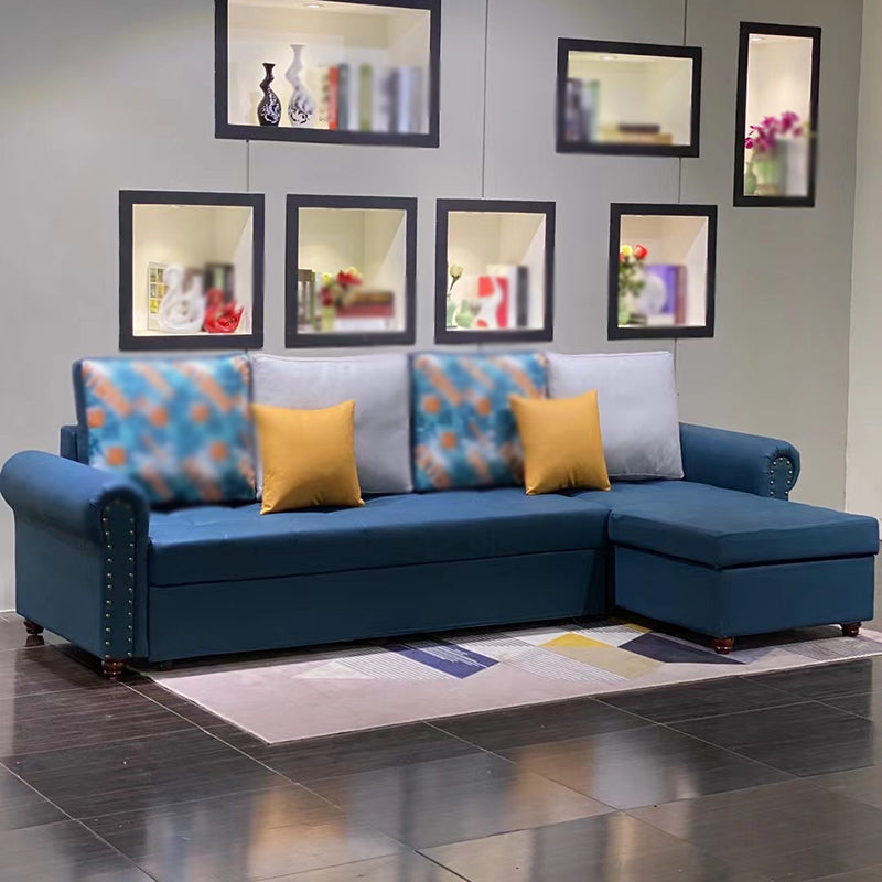 Rolled Arm Sectionals 116.14"L x 59.06"W x 38.58"H Cushion Back Sofa Bed with Storage Ocean Blue Clearhalo 'furn' 'furn_sectionals' 'Furniture' 'furniture_sectionals' 'Living Room Furniture' 'Sectionals' 4919412