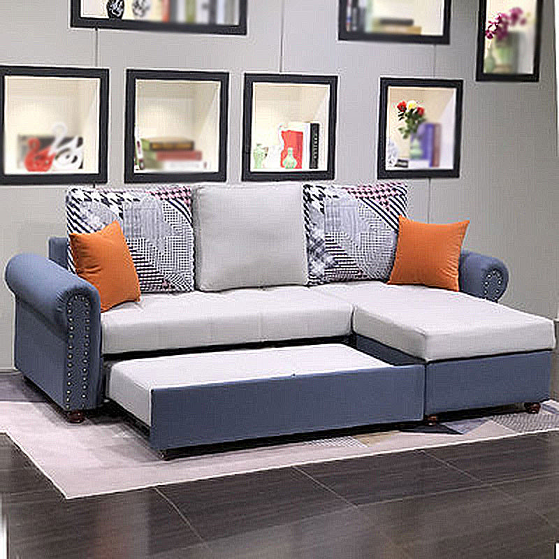 Rolled Arm Sectionals 116.14"L x 59.06"W x 38.58"H Cushion Back Sofa Bed with Storage White-Blue Clearhalo 'furn' 'furn_sectionals' 'Furniture' 'furniture_sectionals' 'Living Room Furniture' 'Sectionals' 4919413