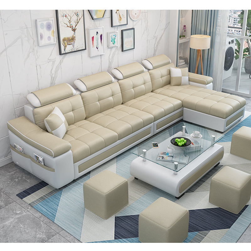 108.3"L √ó 57.09"W √ó 35.43"H Sloped Arms Sectional Slipcovered Sofa with Pocket Storage Beige Faux Leather Clearhalo 'furn' 'furn_sectionals' 'Furniture' 'furniture_sectionals' 'Living Room Furniture' 'Sectionals' 4919429