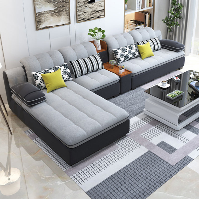 Scandinavian Light Gray Pillow Top Arm Sofa Slipcovered Sectional with Pocket Storage 142.5"L x 71"W x 33.5"H Faux Leather Clearhalo 'furn' 'furn_sectionals' 'Furniture' 'furniture_sectionals' 'Living Room Furniture' 'Sectionals' 4919442