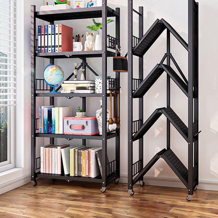 Foldable Bookcase Open Back Bookshelf with Casters for Study Room Office 28.3"L x 14.6"W x 63.8"H Black Clearhalo 'Bookcases' 'furn' 'furn_bookcases' 'Furniture' 'furniture_bookcases' 'Office Furniture' 4924396