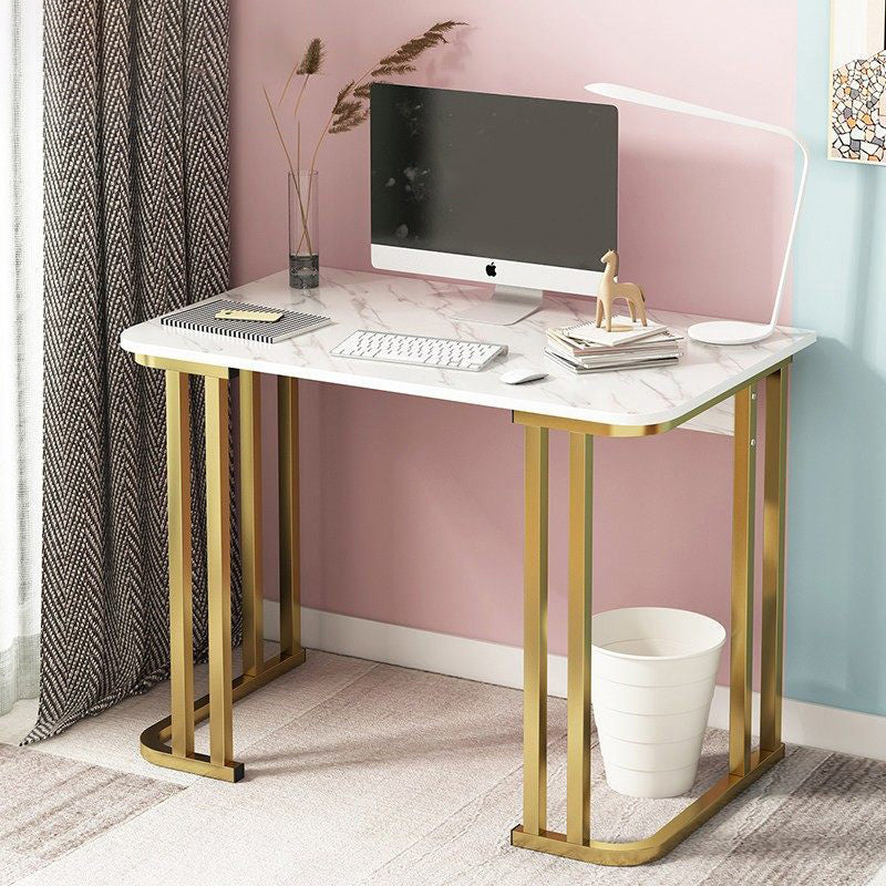 Rectangle Bar Dining Table Contemporary Bar Table with Sled Base in Gold 31"L x 16"W x 28"H White Without Chairs Clearhalo 'Bar Furniture' 'Bar Tables' 'bar_tables' 'furn' 'furn_bar_tables' 'Furniture' 'furniture_bar_tables' 'Kitchen & Dining Furniture' 4925925