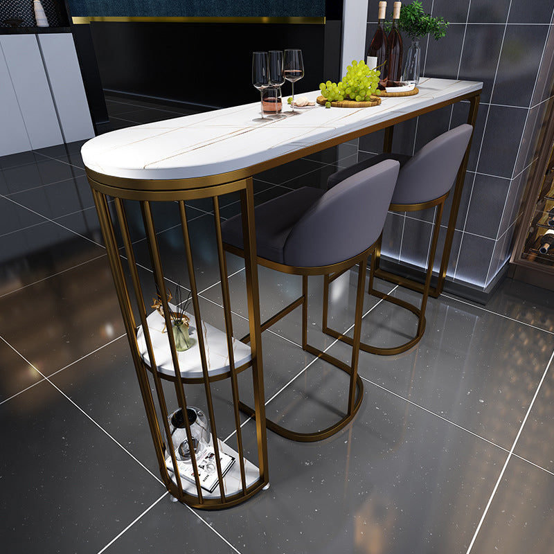 Stone White Bar Table Traditional Luxury Bar Dining Table with Sled Base 63"L x 15.7"W x 41.3"H Gold Without Chairs Clearhalo 'Bar Furniture' 'Bar Tables' 'bar_tables' 'furn' 'furn_bar_tables' 'Furniture' 'furniture_bar_tables' 'Kitchen & Dining Furniture' 4926328