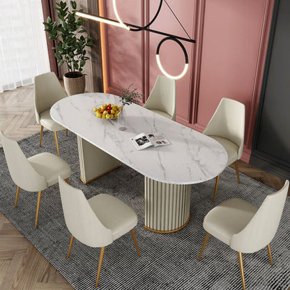 White Stone Top Dining Table Modern Oval Dining Table with Sled Base 55.1"L x 31.5"W x 29.5"H White Clearhalo 'Dining Tables & Seating' 'Dining Tables' 'dining_table' 'Furniture' 'furniture_dining_table' 'Kitchen & Dining Furniture' 'kitchen' 'kitchen_dining_table' 4928017