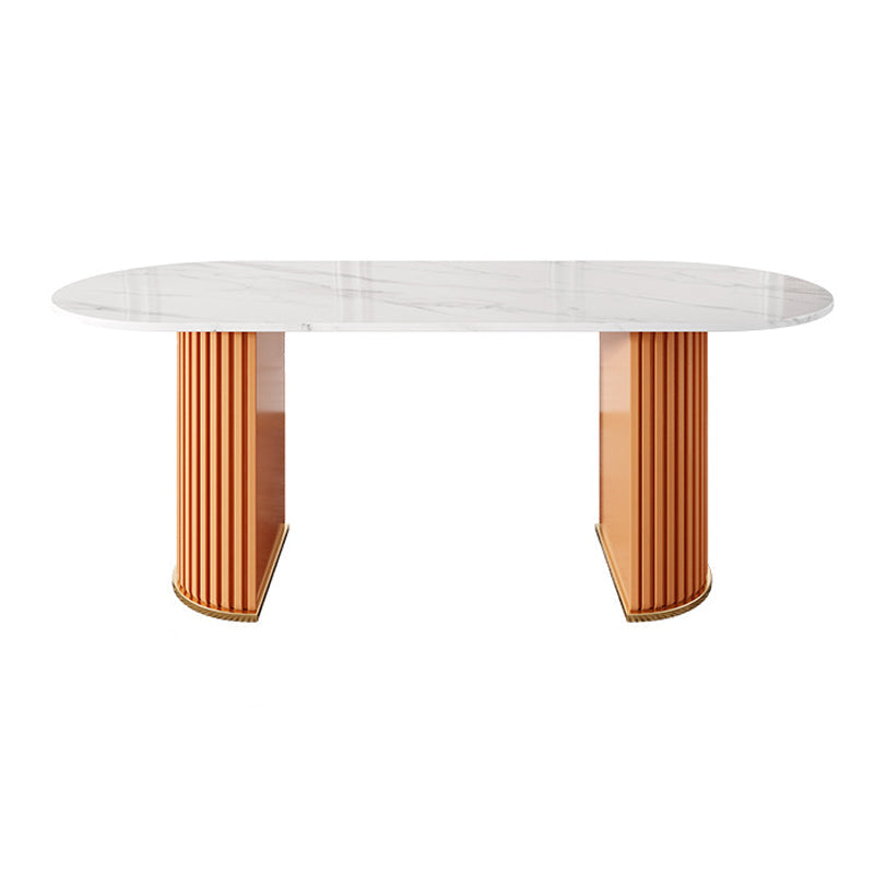 White Stone Top Dining Table Modern Oval Dining Table with Sled Base Orange Clearhalo 'Dining Tables & Seating' 'Dining Tables' 'dining_table' 'Furniture' 'furniture_dining_table' 'Kitchen & Dining Furniture' 'kitchen' 'kitchen_dining_table' 4928031