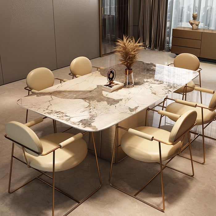 Traditional Luxury Dining Table Stone Dining Table with Pedestal Base Pandora Gold 70.9"L x 35.4"W x 29.5"H Without Chairs Clearhalo 'Dining Tables & Seating' 'Dining Tables' 'dining_table' 'furn' 'furn_dining_table' 'Furniture' 'furniture_dining_table' 'Kitchen & Dining Furniture' 'kitchen' 'kitchen_dining_table' 4928073