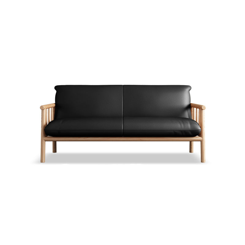 Farmhouse Square Arm Sofa Tight Back Settee with Walnut/Natural Legs Black Natural Wood 30''H x 65''L x 29''W Clearhalo 'Furniture' 'furniture_sofas' 'Living Room Furniture' 'Sofa' 'sofas' 4933763