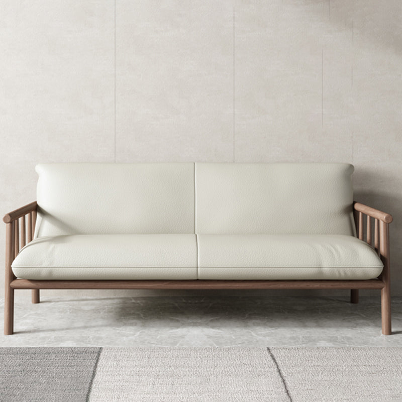 Farmhouse Square Arm Sofa Tight Back Settee with Walnut/Natural Legs Off-White Walnut 30''H x 65''L x 29''W Clearhalo 'Furniture' 'furniture_sofas' 'Living Room Furniture' 'Sofa' 'sofas' 4933766