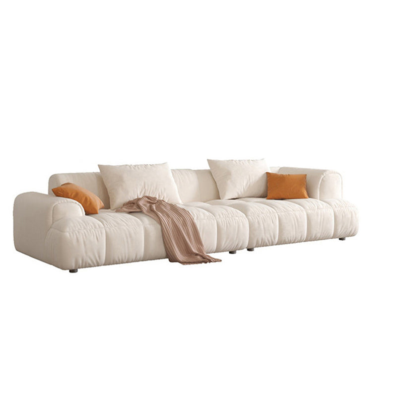 Contemporary Beige Round Arm Standard Sofa Tight Back Suede Couch with Pillows 142"L x 39"W x 25"H Latex Clearhalo 'furn' 'furn_sofas' 'Furniture' 'furniture_sofas' 'Living Room Furniture' 'Sofa' 'sofas' 4933880