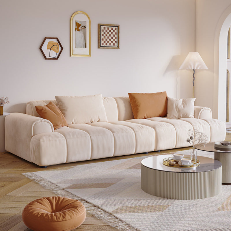 Contemporary Beige Round Arm Standard Sofa Tight Back Suede Couch with Pillows 118"L x 39"W x 25"H Latex Clearhalo 'furn' 'furn_sofas' 'Furniture' 'furniture_sofas' 'Living Room Furniture' 'Sofa' 'sofas' 4933882