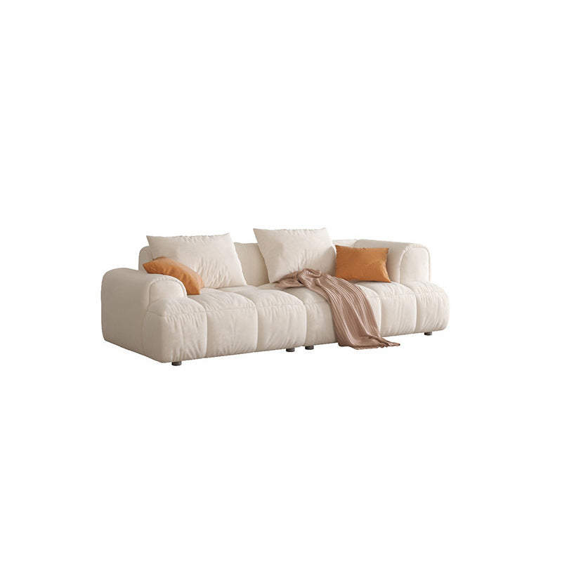 Contemporary Beige Round Arm Standard Sofa Tight Back Suede Couch with Pillows 83"L x 39"W x 25"H Clearhalo 'furn' 'furn_sofas' 'Furniture' 'furniture_sofas' 'Living Room Furniture' 'Sofa' 'sofas' 4933883