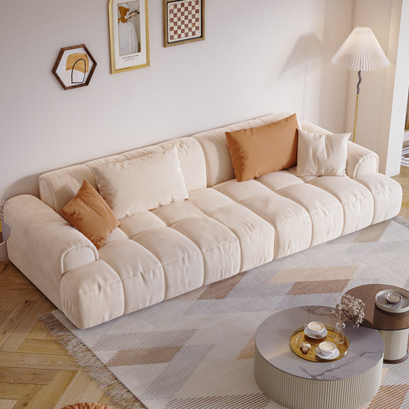 Contemporary Beige Round Arm Standard Sofa Tight Back Suede Couch with Pillows 130"L x 39"W x 25"H Latex Clearhalo 'furn' 'furn_sofas' 'Furniture' 'furniture_sofas' 'Living Room Furniture' 'Sofa' 'sofas' 4933884