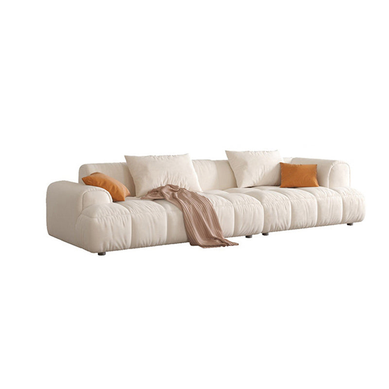 Contemporary Beige Round Arm Standard Sofa Tight Back Suede Couch with Pillows 118"L x 39"W x 25"H Sponge Clearhalo 'furn' 'furn_sofas' 'Furniture' 'furniture_sofas' 'Living Room Furniture' 'Sofa' 'sofas' 4933885