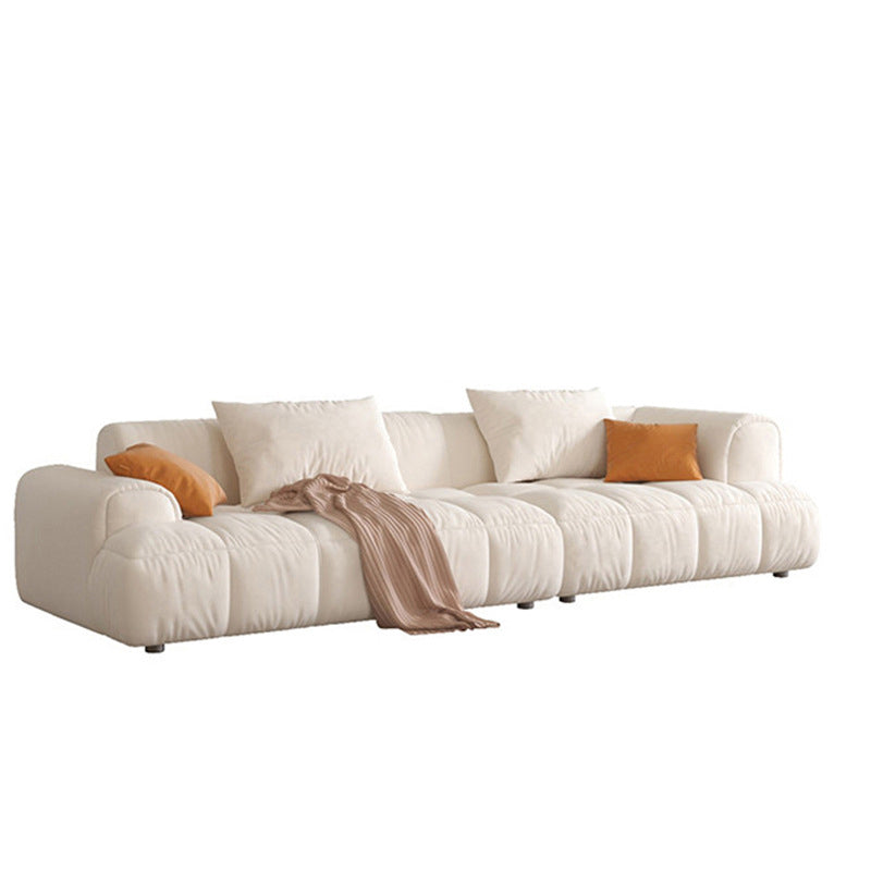 Contemporary Beige Round Arm Standard Sofa Tight Back Suede Couch with Pillows Clearhalo 'furn' 'furn_sofas' 'Furniture' 'furniture_sofas' 'Living Room Furniture' 'Sofa' 'sofas' 4933886