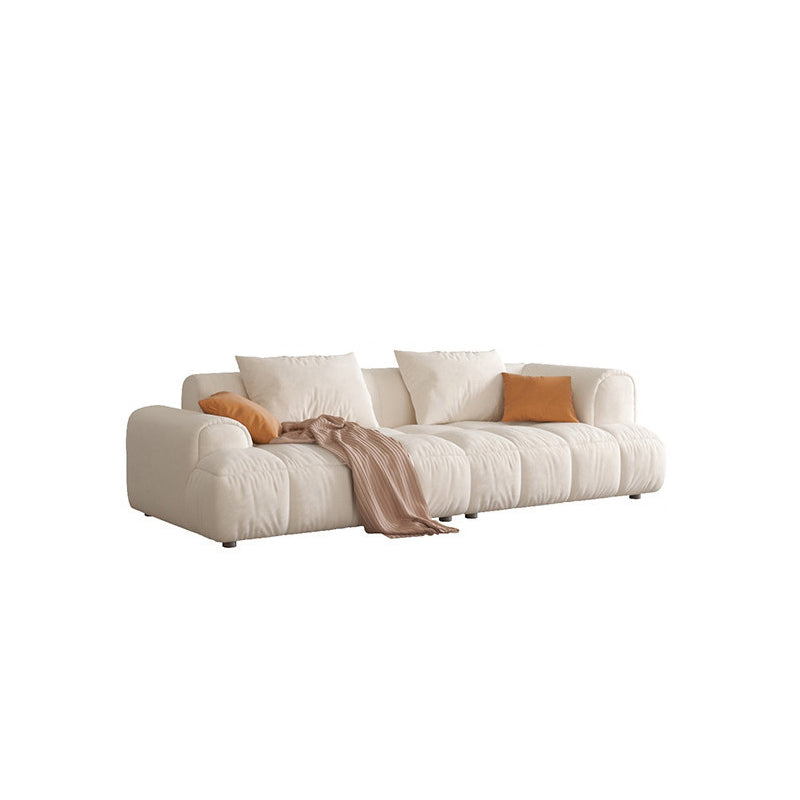 Contemporary Beige Round Arm Standard Sofa Tight Back Suede Couch with Pillows 94.5"L x 39"W x 25"H Clearhalo 'furn' 'furn_sofas' 'Furniture' 'furniture_sofas' 'Living Room Furniture' 'Sofa' 'sofas' 4933887