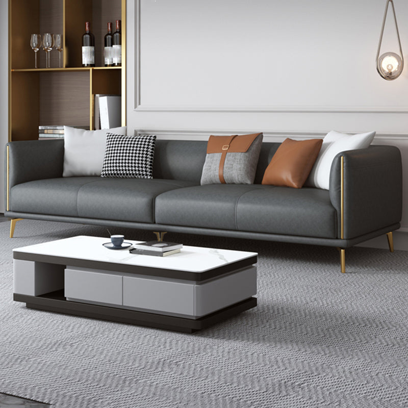 Contemporary Dark Gray Standard Sofa Faux Leather Sqaure Arm Couch 110"L x 35.5"W x 27.5"H Latex Clearhalo 'furn' 'furn_sofas' 'Furniture' 'furniture_sofas' 'Living Room Furniture' 'Sofa' 'sofas' 4934000