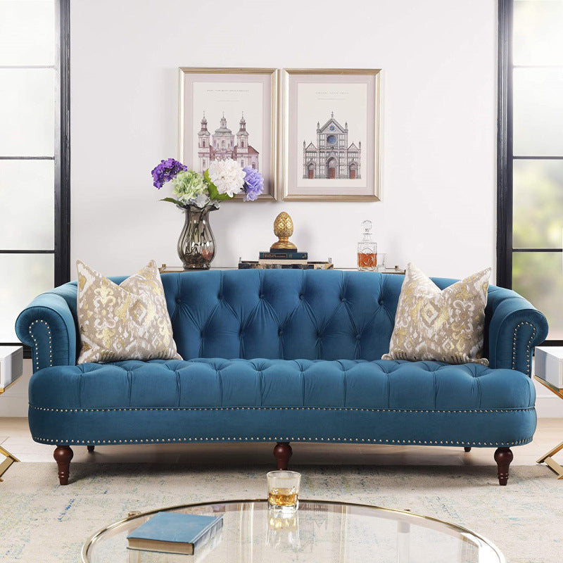 Classic Glam 3-seater Sofa Rolled Arm Couch with Tufted Back for Living Room Peacock Blue Clearhalo 'Furniture' 'furniture_sofas' 'Living Room Furniture' 'Sofa' 'sofas' 4934091