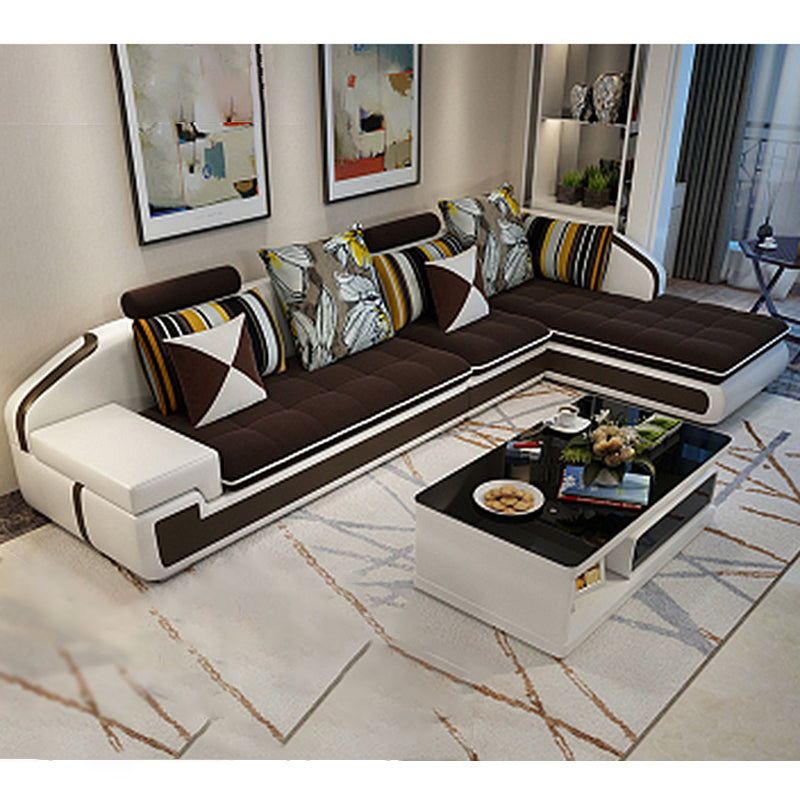 L-Shape Fabric Square Arm Sofa and Chaise Slipcovered Sectional with Pillow Back 142"L x 71"W x 32"H Brown Clearhalo 'furn' 'furn_sectionals' 'Furniture' 'furniture_sectionals' 'Living Room Furniture' 'Sectionals' 4934103