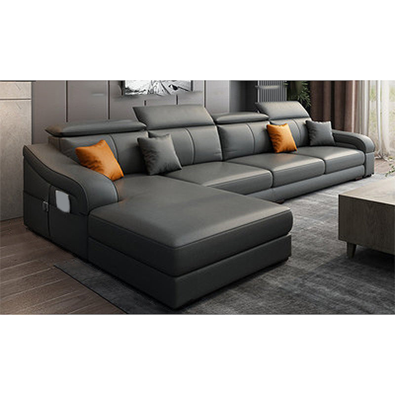 Dark Gray Faux Leather Sloped Arm Sofa Slipcovered Sectional with Pocket Storage 108"L x 61"W x 33.5"H Clearhalo 'furn' 'furn_sectionals' 'Furniture' 'furniture_sectionals' 'Living Room Furniture' 'Sectionals' 4934110