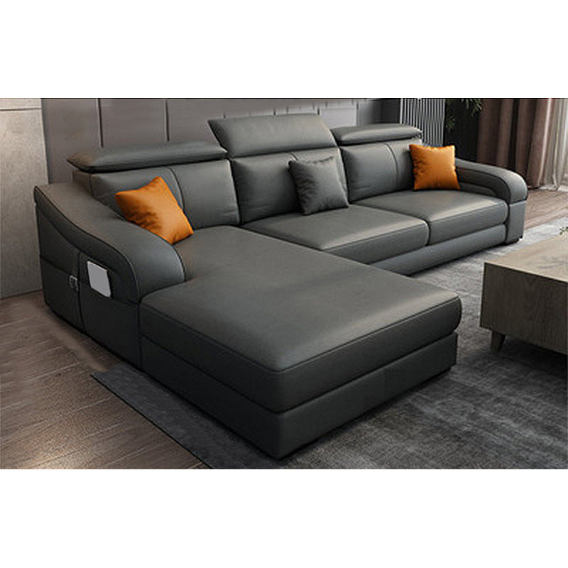 Dark Gray Faux Leather Sloped Arm Sofa Slipcovered Sectional with Pocket Storage 85"L x 61"W x 33.5"H Clearhalo 'furn' 'furn_sectionals' 'Furniture' 'furniture_sectionals' 'Living Room Furniture' 'Sectionals' 4934112