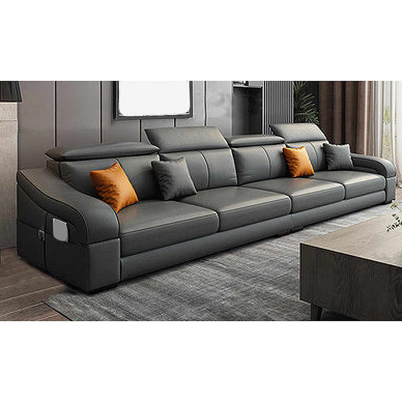 Dark Gray Faux Leather Sloped Arm Sofa Slipcovered Sectional with Pocket Storage 126"L x 35"W x 33.5"H Latex Clearhalo 'furn' 'furn_sectionals' 'Furniture' 'furniture_sectionals' 'Living Room Furniture' 'Sectionals' 4934113