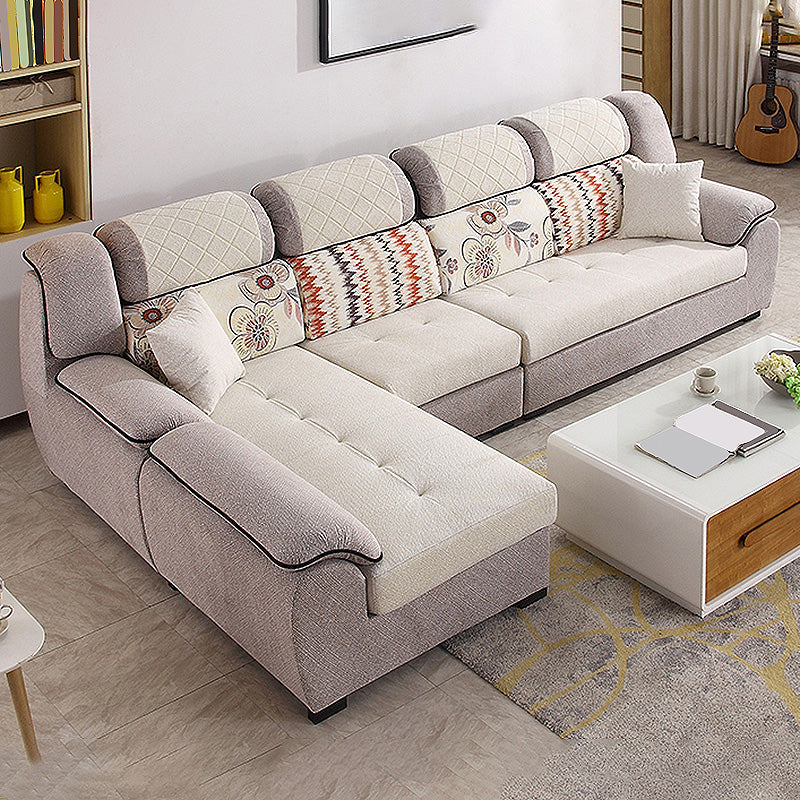 133.86"L x 70.87"W x 37.4"H Pillow Top Arm Sectional Pillow Back Sofa and Chaise Grey Beige Clearhalo 'furn' 'furn_sectionals' 'Furniture' 'furniture_sectionals' 'Living Room Furniture' 'Sectionals' 4934144