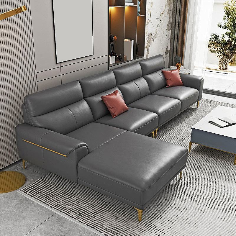 Dark Gray Genuine Leather Sofa and Chaise Pillow Top Arm Sectional for Living Room 126"L x 67"W x 36"H Without Ottoman Clearhalo 'furn' 'furn_sectionals' 'Furniture' 'furniture_sectionals' 'Living Room Furniture' 'Sectionals' 4934183