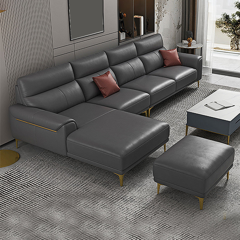 Dark Gray Genuine Leather Sofa and Chaise Pillow Top Arm Sectional for Living Room 126"L x 67"W x 36"H With Ottoman Clearhalo 'furn' 'furn_sectionals' 'Furniture' 'furniture_sectionals' 'Living Room Furniture' 'Sectionals' 4934184