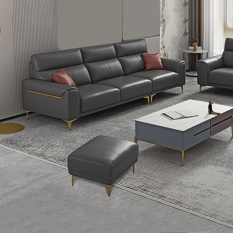 Dark Gray Genuine Leather Sofa and Chaise Pillow Top Arm Sectional for Living Room 98"L x 61"W x 36"H With Ottoman Clearhalo 'furn' 'furn_sectionals' 'Furniture' 'furniture_sectionals' 'Living Room Furniture' 'Sectionals' 4934185