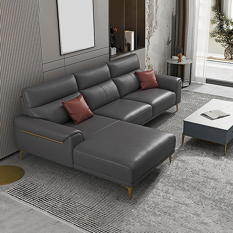 Dark Gray Genuine Leather Sofa and Chaise Pillow Top Arm Sectional for Living Room 98"L x 67"W x 36"H Without Ottoman Clearhalo 'furn' 'furn_sectionals' 'Furniture' 'furniture_sectionals' 'Living Room Furniture' 'Sectionals' 4934186