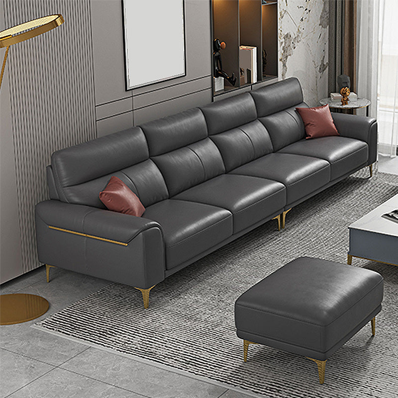 Dark Gray Genuine Leather Sofa and Chaise Pillow Top Arm Sectional for Living Room 126"L x 61"W x 36"H With Ottoman Clearhalo 'furn' 'furn_sectionals' 'Furniture' 'furniture_sectionals' 'Living Room Furniture' 'Sectionals' 4934187