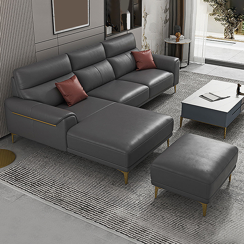 Dark Gray Genuine Leather Sofa and Chaise Pillow Top Arm Sectional for Living Room 98"L x 67"W x 36"H With Ottoman Clearhalo 'furn' 'furn_sectionals' 'Furniture' 'furniture_sectionals' 'Living Room Furniture' 'Sectionals' 4934189